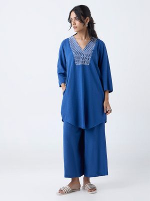 Utsa Blue Embroidered Denim High-Low Kurta