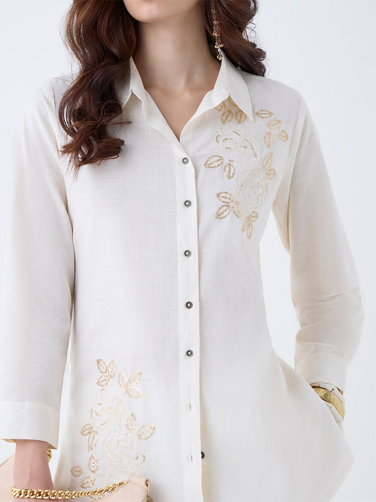 Utsa Off-White Sequin Embellished Cotton Tunic - Image 3