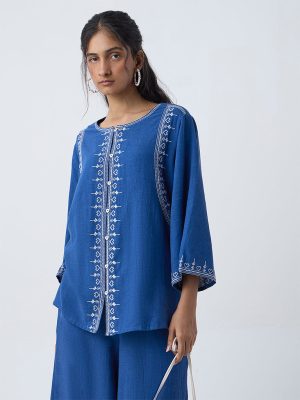 Utsa Blue Embroidered Cotton Tunic