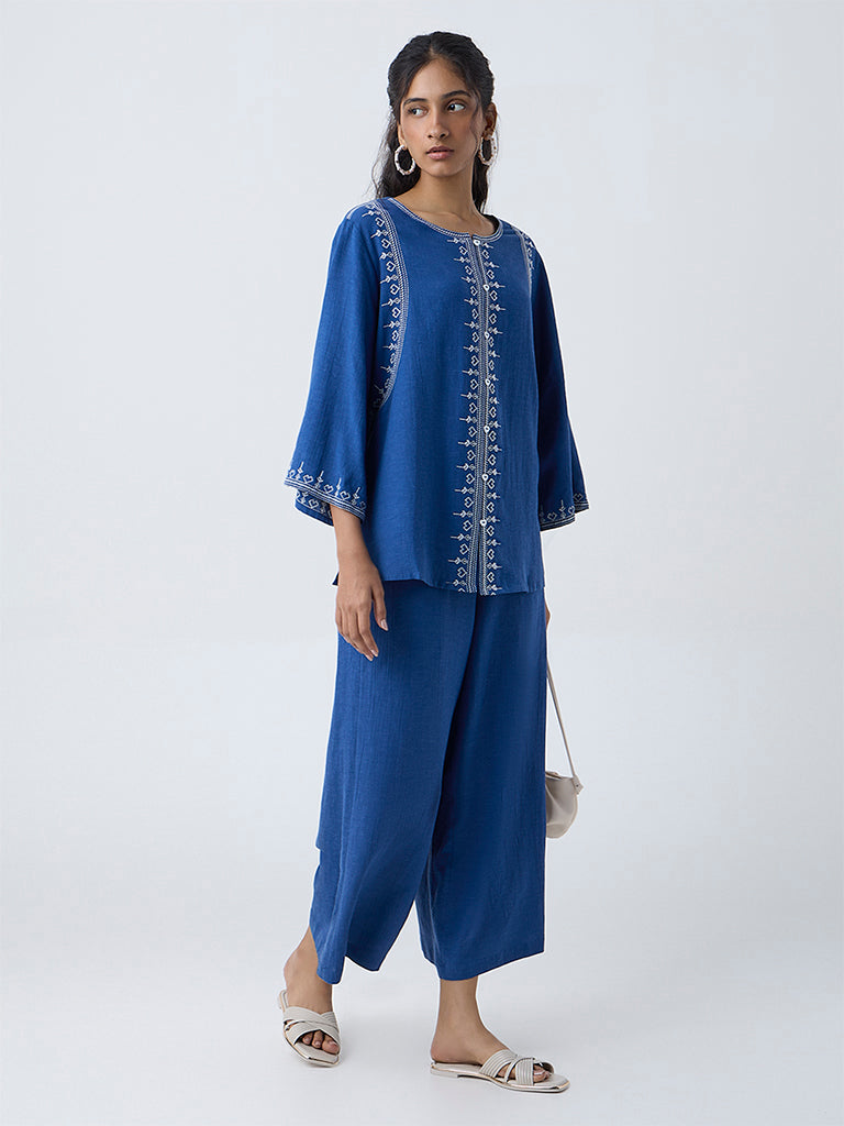 Utsa Blue Embroidered Cotton Tunic - Image 2