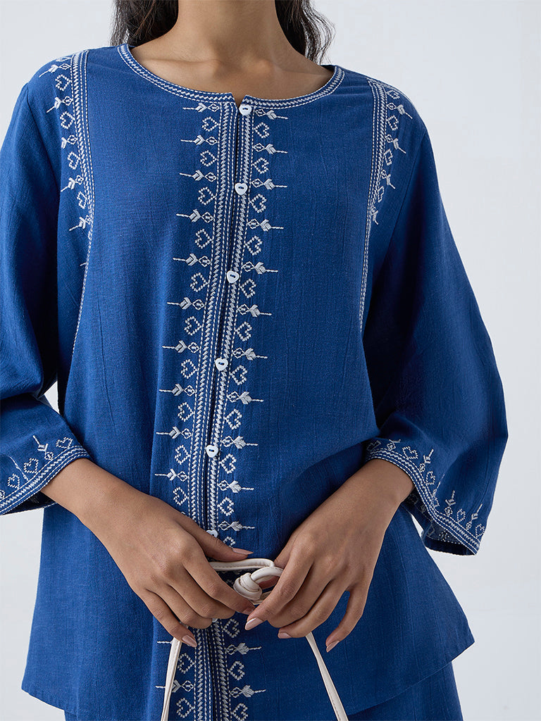 Utsa Blue Embroidered Cotton Tunic - Image 3