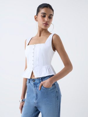 Nuon White Solid Cotton-Blend Top