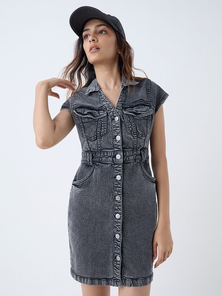 Nuon Grey Denim Straight Dress with Belt - Image 2