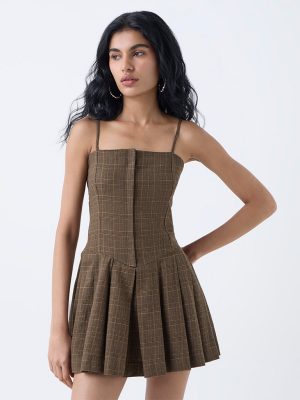 Nuon Brown Checkered Cotton Drop-Waist Dress