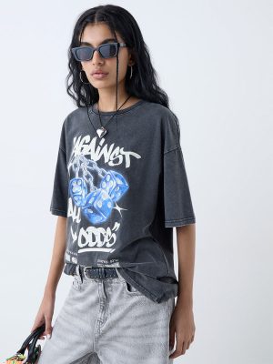 Nuon Grey Printed Cotton T-Shirt