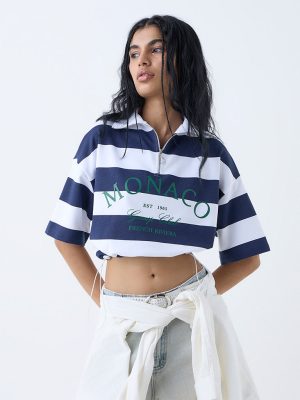 Nuon Navy Striped Quarter-Zip Cotton T-Shirt