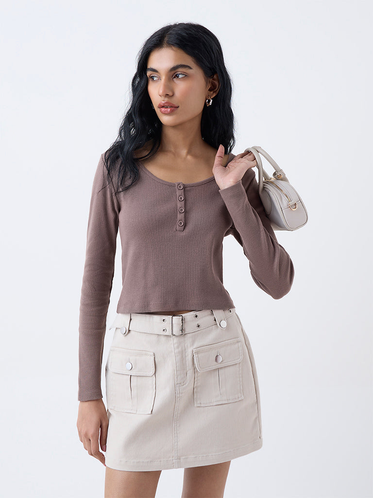 Nuon Taupe Ribbed Cotton-Blend T-Shirt