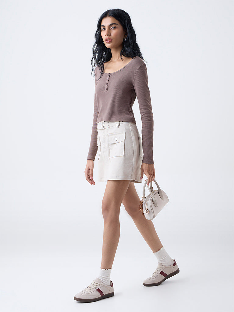 Nuon Taupe Ribbed Cotton-Blend T-Shirt - Image 2