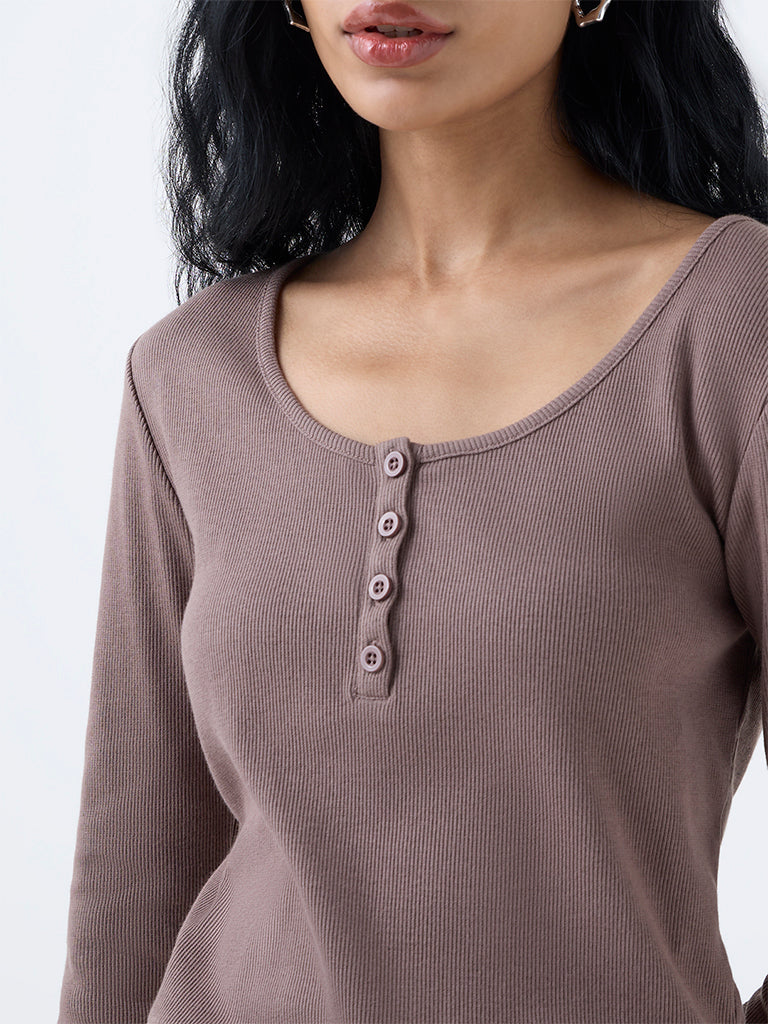 Nuon Taupe Ribbed Cotton-Blend T-Shirt - Image 3