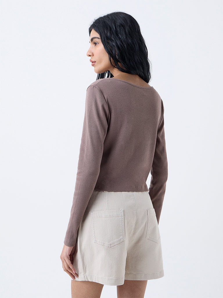 Nuon Taupe Ribbed Cotton-Blend T-Shirt - Image 4