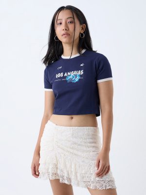 Nuon Navy Text Detailed Cotton-Blend T-Shirt