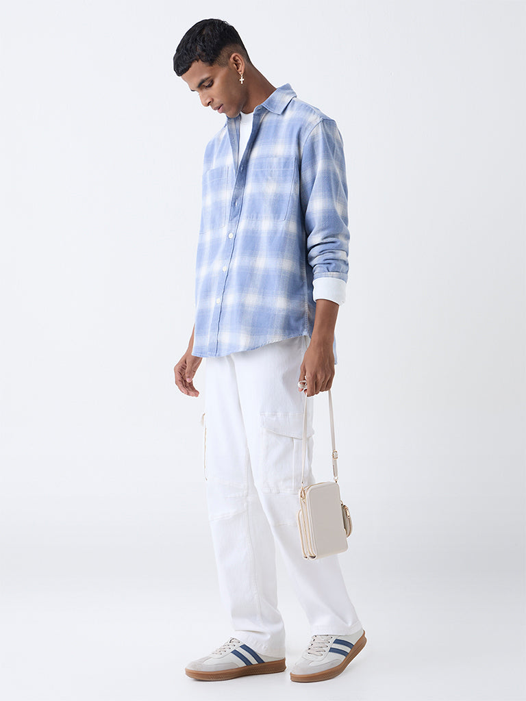 Nuon Blue Checks Design Relaxed Fit Cotton Shirt - Image 2