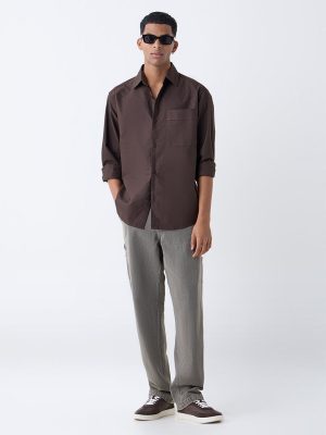 Nuon Dark Brown Solid Relaxed Fit Cotton Shirt