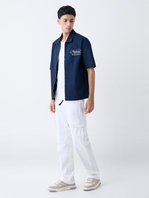 Nuon Navy Text Embroidered Relaxed-Fit Cotton Jacket