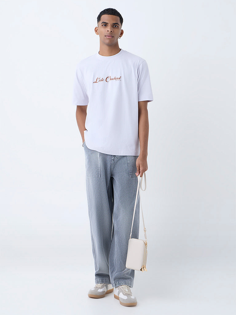 Nuon Light Purple Text Detailed Cotton T-Shirt - Image 2