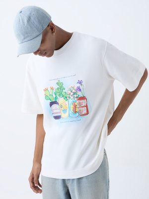 Nuon White Printed Relaxed-Fit Cotton T-Shirt