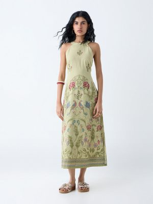 Bombay Paisley Sage Botanical Pattern Cotton A-Line Dress