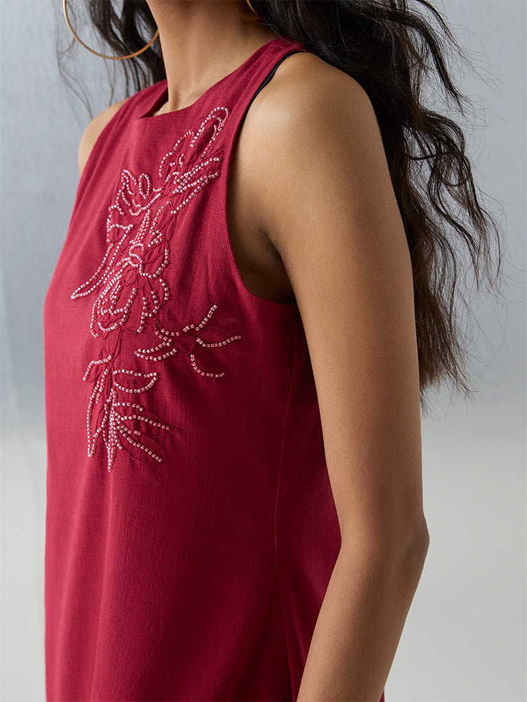 Bombay Paisley Red Floral Embellished Cotton Shift Dress - Image 3