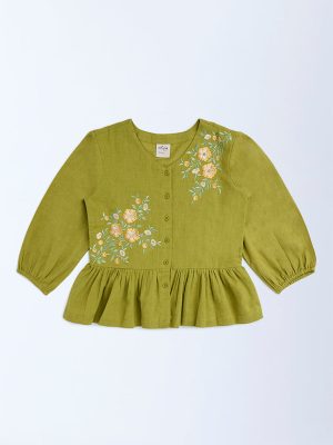 Utsa Kids Green Floral Embroidered Cotton Peplum Top - (8-14yrs)