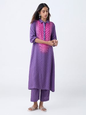 Utsa Purple Bandhani Printed A-Line Kurta