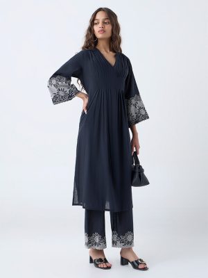 Utsa Black Pintuck-Detailed A-Line Cotton Kurta