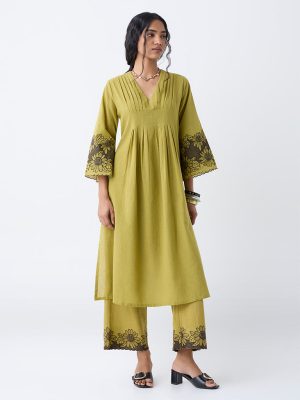 Utsa Lime Floral Embroidered Cotton A-Line Kurta