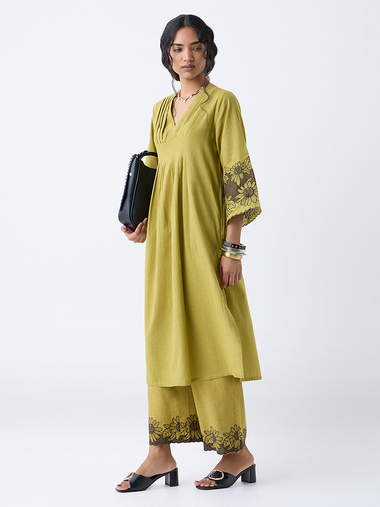 Utsa Lime Floral Embroidered Cotton A-Line Kurta - Image 2