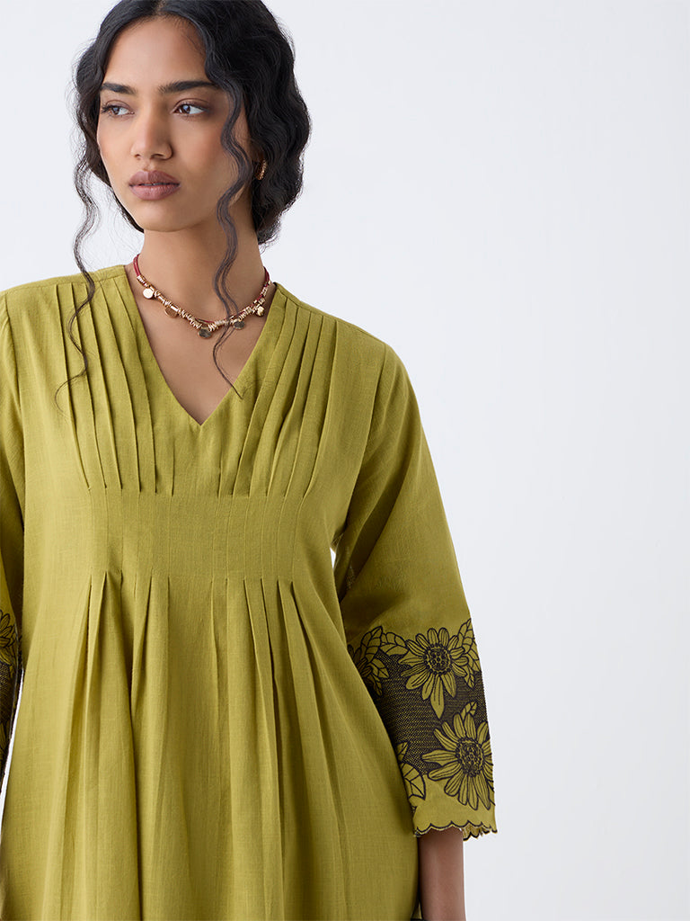 Utsa Lime Floral Embroidered Cotton A-Line Kurta - Image 3