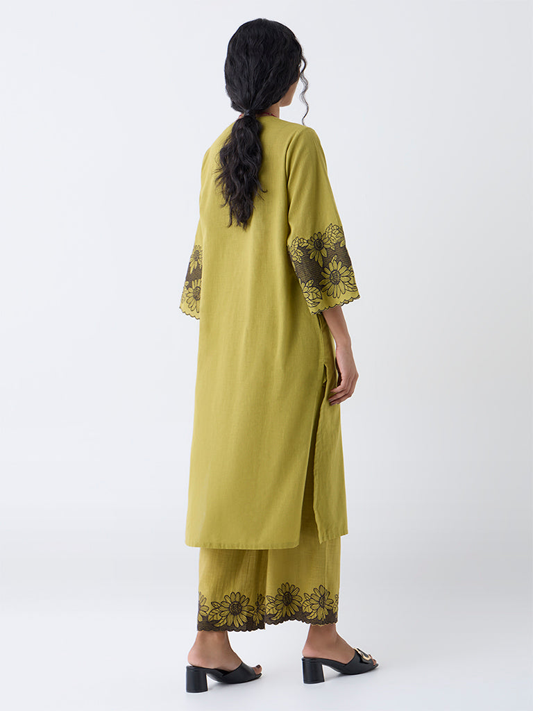 Utsa Lime Floral Embroidered Cotton A-Line Kurta - Image 4