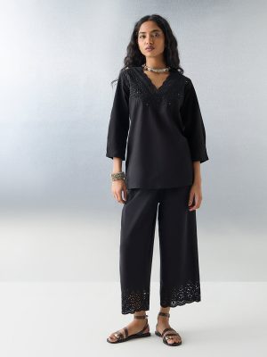 Utsa Black Embroidered Cotton-Blend Tunic