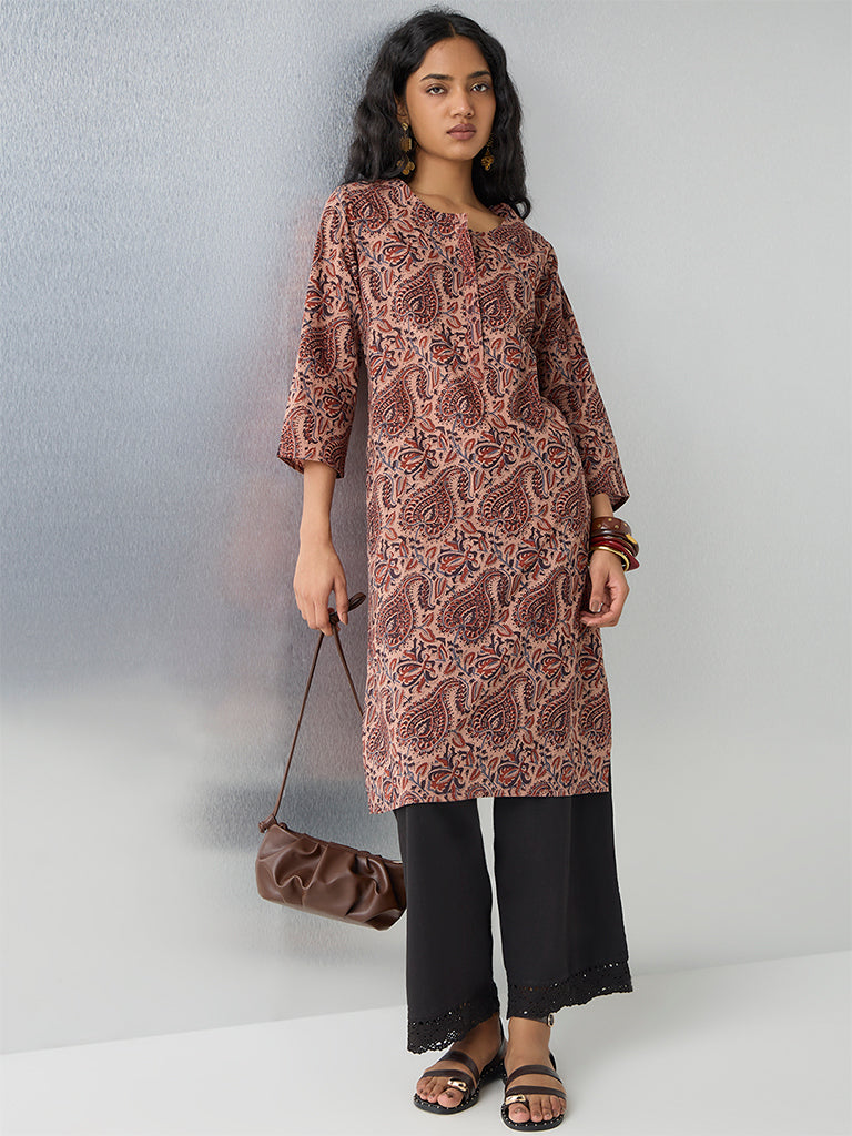 Utsa Rust Printed Cotton Straight Kurta
