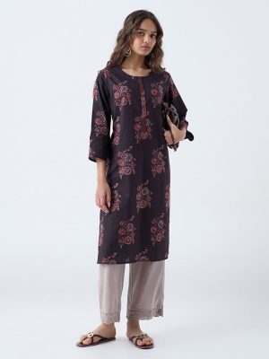 Utsa Black Printed Cotton Straight Kurta