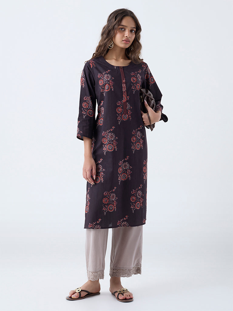 Utsa Black Printed Cotton Straight Kurta