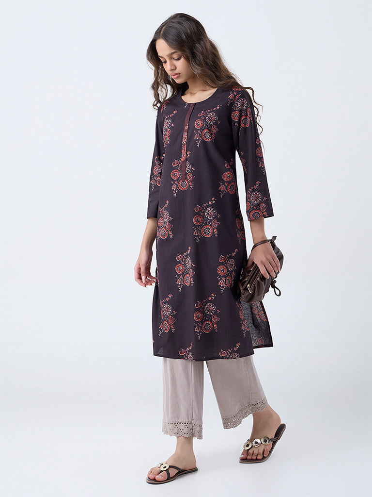 Utsa Black Printed Cotton Straight Kurta - Image 2