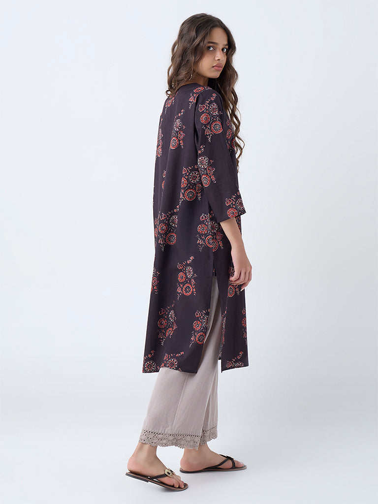 Utsa Black Printed Cotton Straight Kurta - Image 4