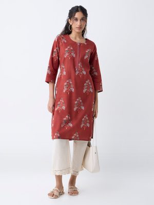 Utsa Dark Rust Botanical Printed Cotton Straight Kurta