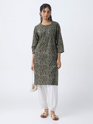 Utsa Dark Green Floral Design Straight Cotton Kurta