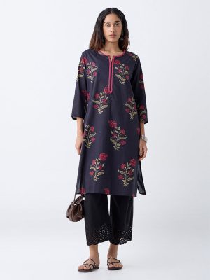 Utsa Black Floral Printed Cotton A-Line Kurta