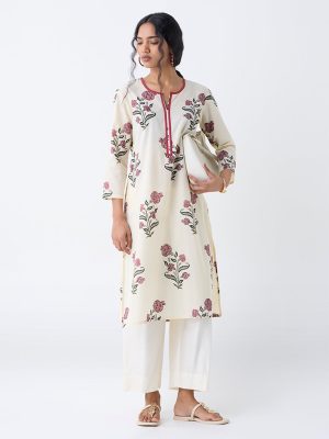 Utsa Off-White Floral Printed Cotton Straight Kurta