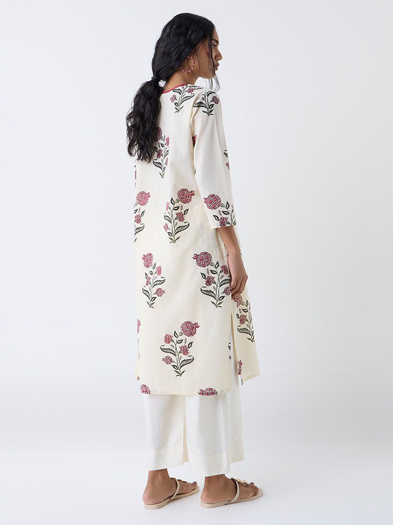 Utsa Off-White Floral Printed Cotton Straight Kurta - Image 4