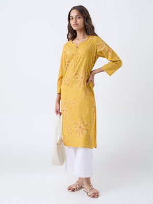 Utsa Mustard Floral Printed Cotton Straight Kurta