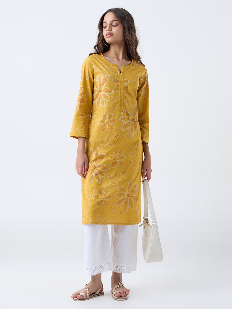 Utsa Mustard Floral Printed Cotton Straight Kurta - Image 2