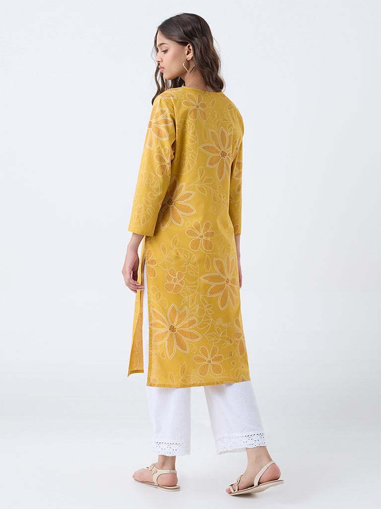 Utsa Mustard Floral Printed Cotton Straight Kurta - Image 4