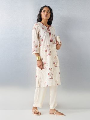 Utsa Off-White Floral Pattern Cotton Straight Kurta