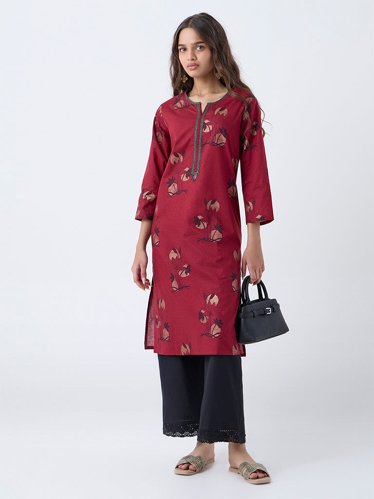 Utsa Maroon Floral Printed Cotton Straight Kurta