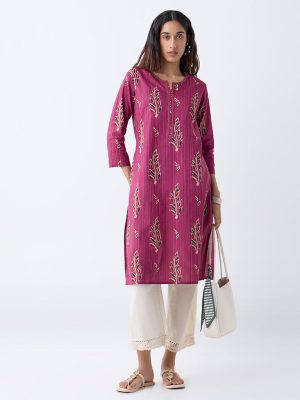 Utsa Purple Botanical Printed Cotton A-Line Kurta