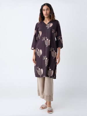 Utsa Dark Brown Printed Cotton Straight Kurta