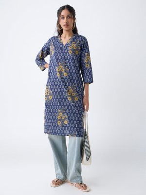 Utsa Indigo Floral Pattern Cotton Straight Kurta