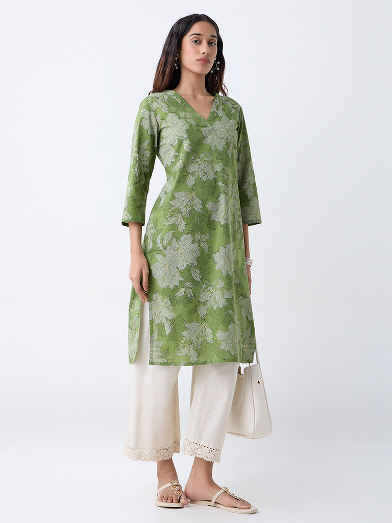 Utsa Green Floral Printed Cotton Straight Kurta
