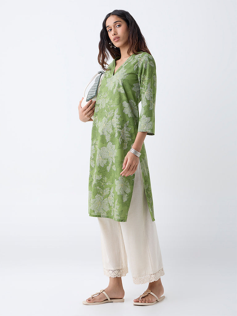 Utsa Green Floral Printed Cotton Straight Kurta - Image 2